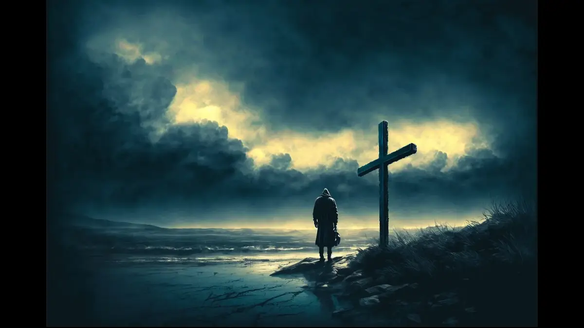 Uomo di fronte alla croce che cammina nel buio 