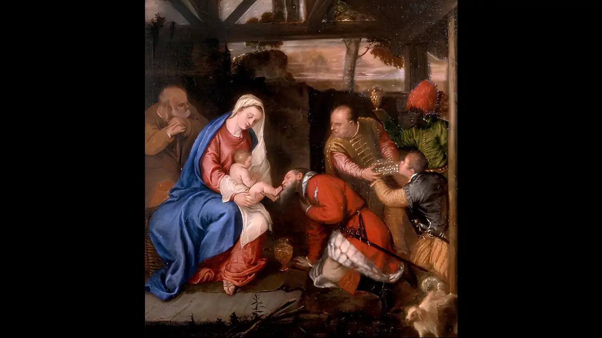 Pastori adorano Gesù bambino assieme a Maria e Giuseppe