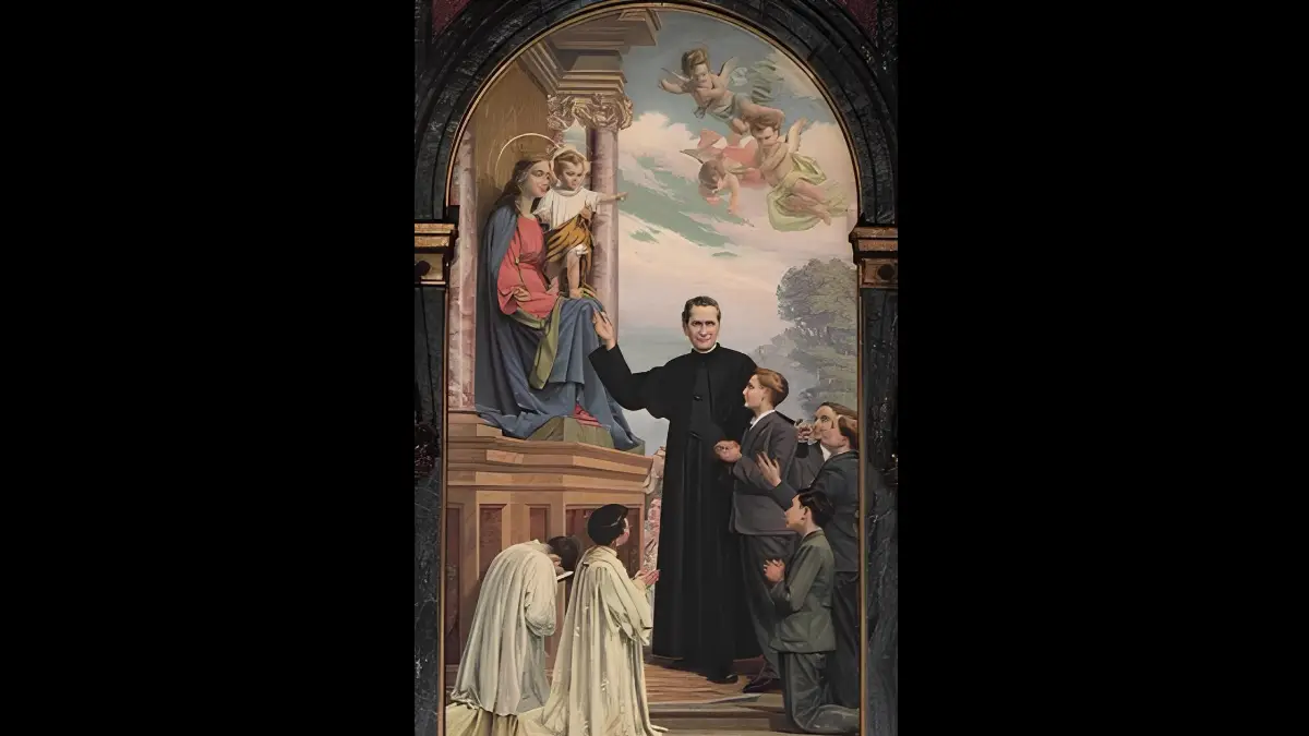 San Giovanni Bosco con giovani cui addita la Madonna
