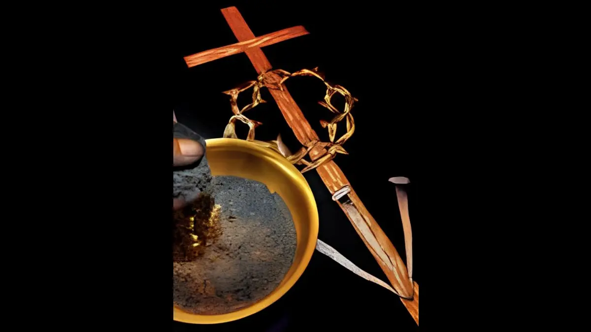 Il vassoio delle ceneri accanto a una croce