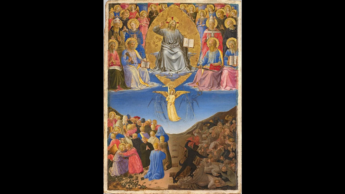 Gesù asceso al cielo giudice universale mentre un angelo separa i buoni dai cattivi