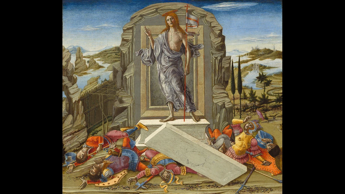 Gesù risorto poggia i suoi piedi sul sepolcro