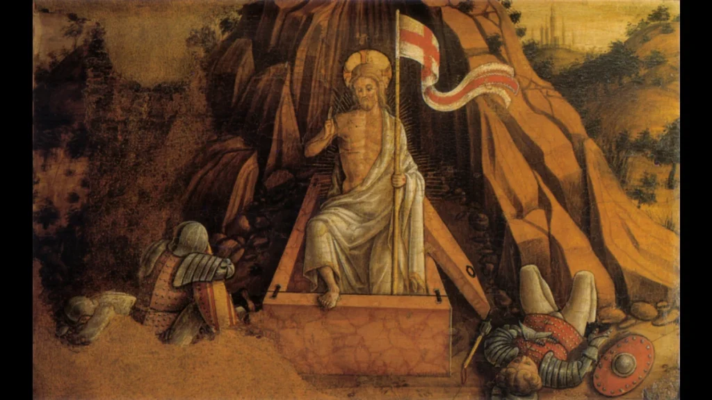 Gesù risorto con un piede sul bordo del sepolcro