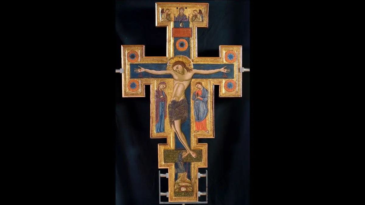 Gesù in Croce tra Maria, Giovanni e, sul fondo, san Francesco che bacia i piedi del Signore