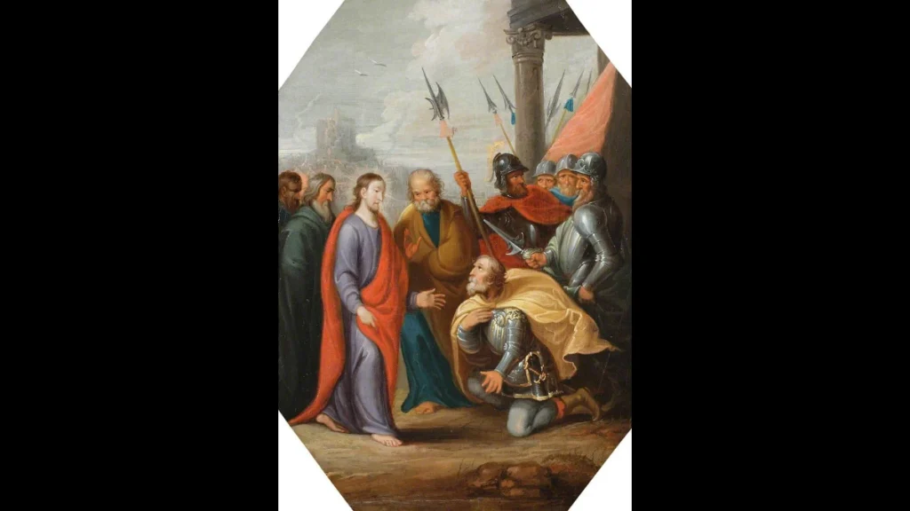 Il centurione in ginocchio di fronte a Gesù