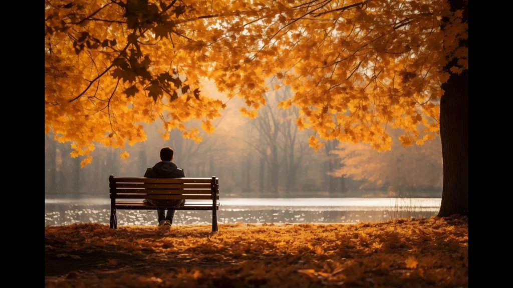 Seduti su una panchina meditare in autunno di fronte a un lago in mezzo al giallo delle foglie