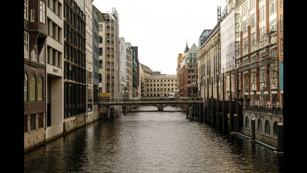 Inverno nei canali di Speicherstadt ad Amburgo