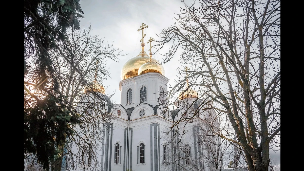 Cattedrale di Krasnodar dietro alberi senza foglie che parlano di inverno
