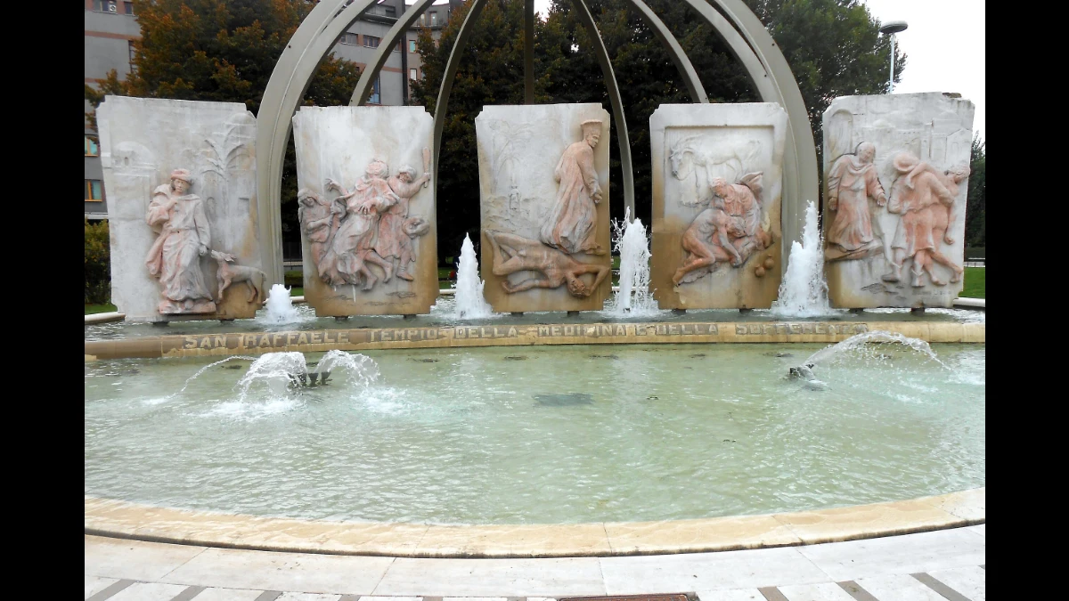 Cinque pannelli descrivono la parabola del buon samaritano