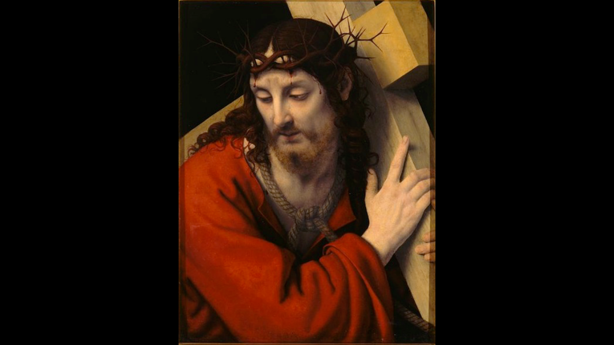 Gesù incoronato di spine porta la croce