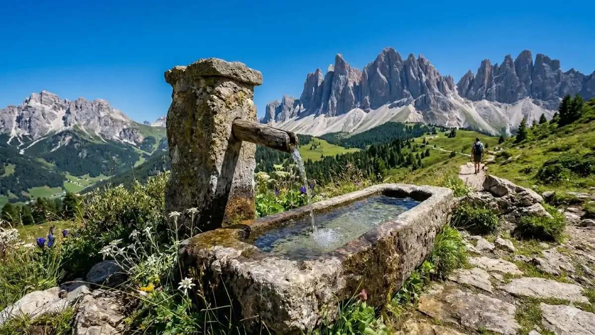 Antica fontana in pietra su un sentiero di alta montagna circondata da cime