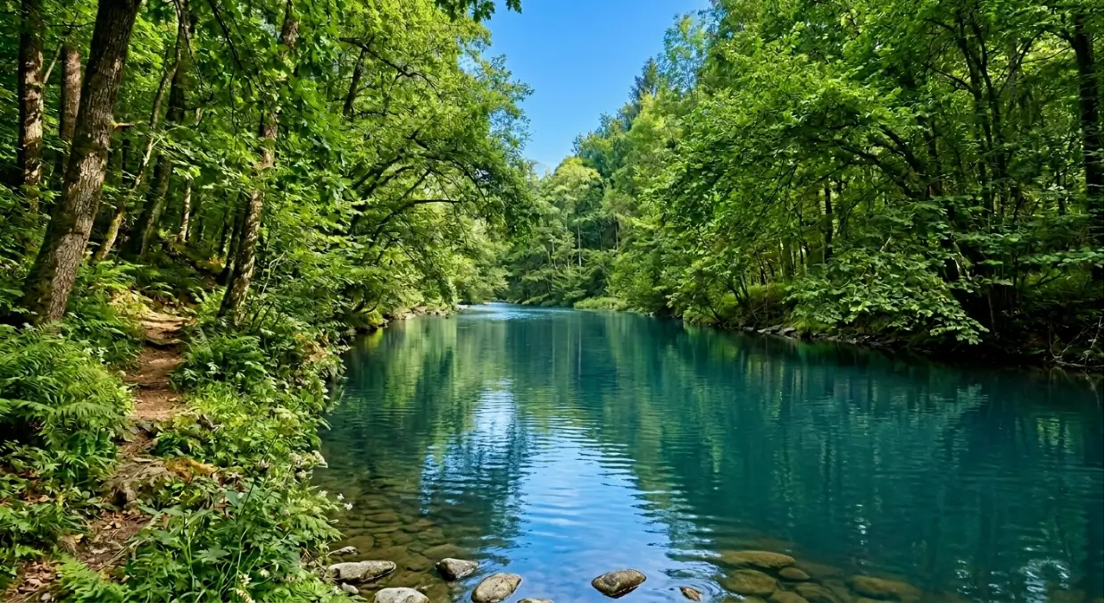 Acqua del fiume che di estate scorre in una foresta