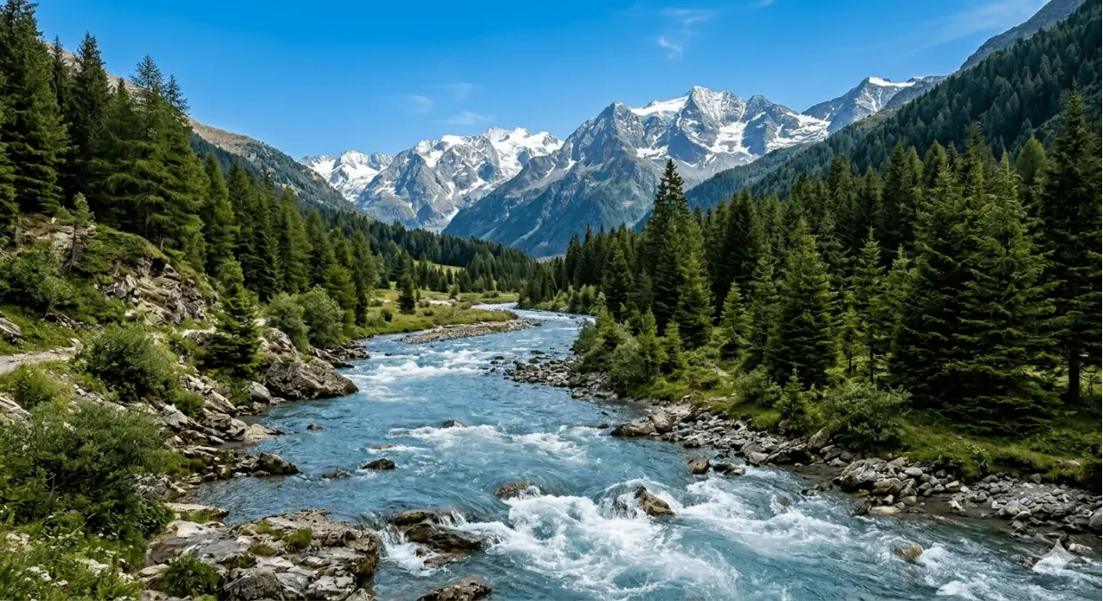 Fiume scorre in una vallata ai piedi di grandi montagna in un caldo giorno di estate