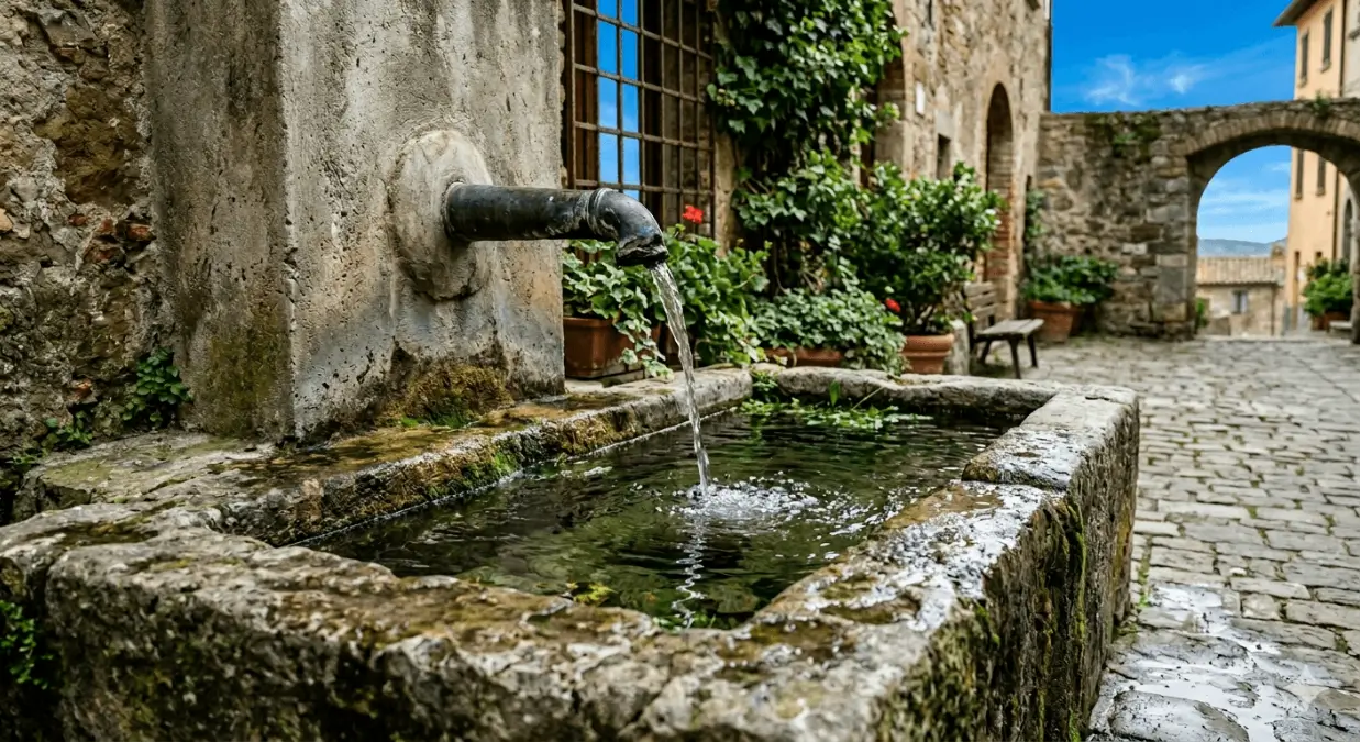 Fontana posta sulla strada di un antico paese