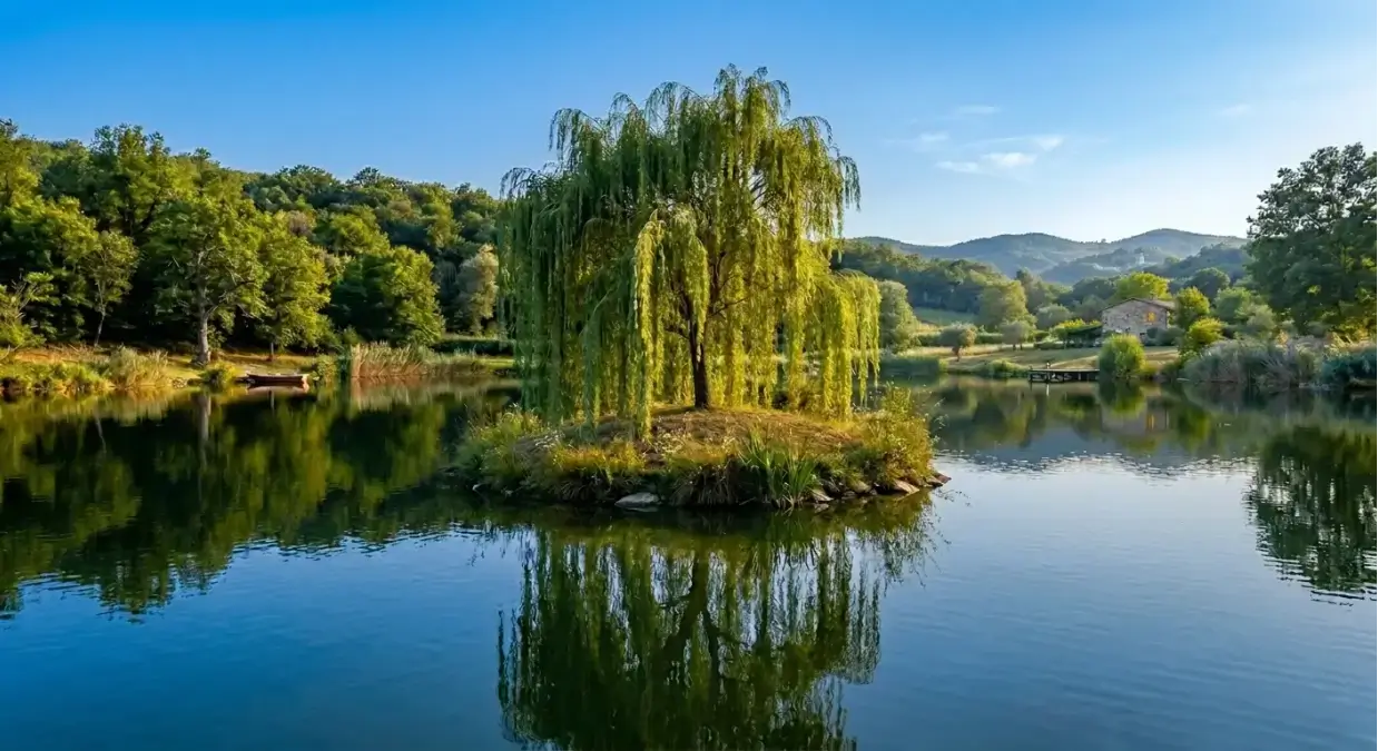 Isoletta al centro di un lago con un salice piangente