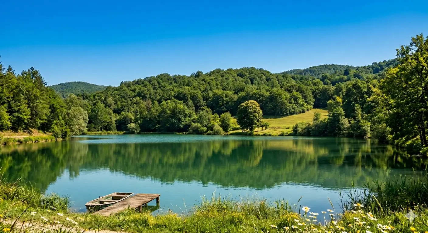 Il verde degli alberi dell'estate impreziosisce l'atmosfera di questo laghetto montano