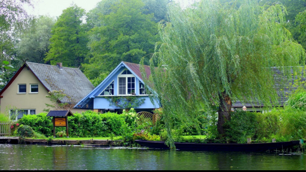 Case sulla riva del lago con un grande salice piangente in primo piano