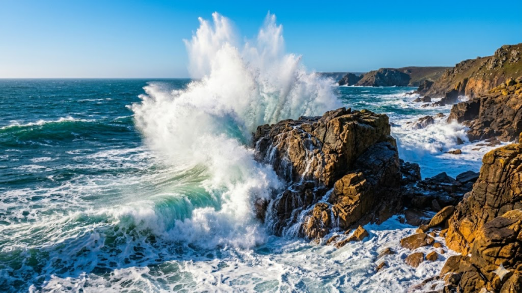 Un onda si infrange contro gli scogli e si sbriciola