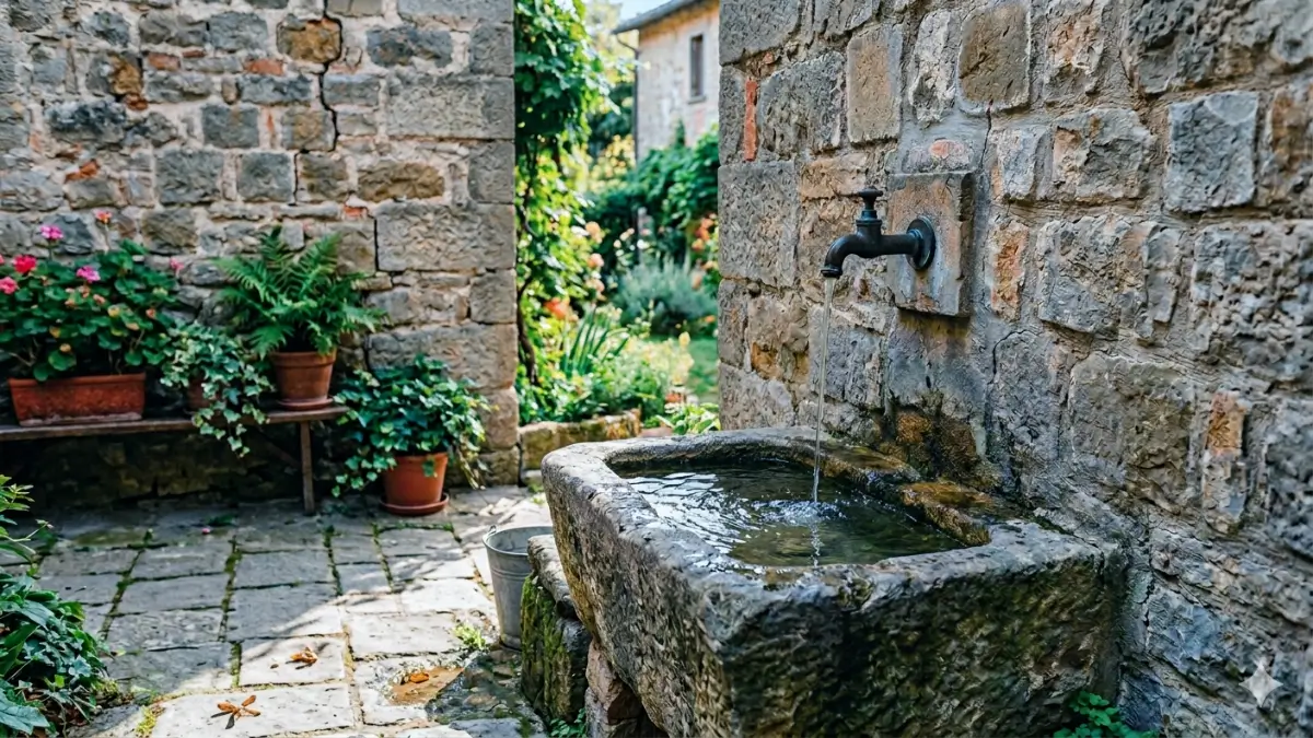 Piccola fontana in pietra situata all'interno di un antico cortile