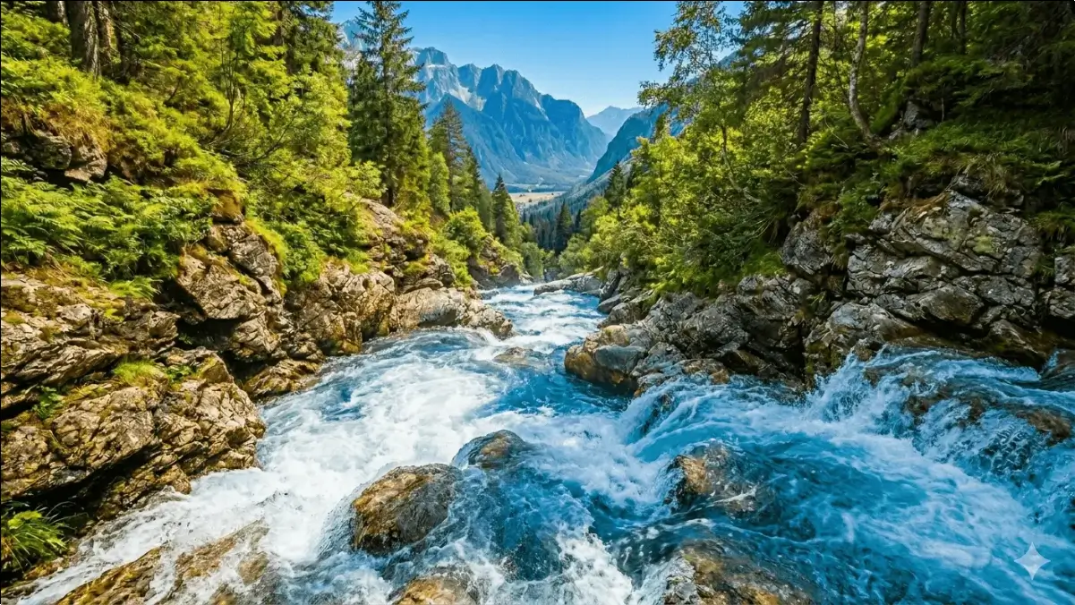 Ruscello impetuoso che scende a valle tra le rocce in una splendida giornata di estate