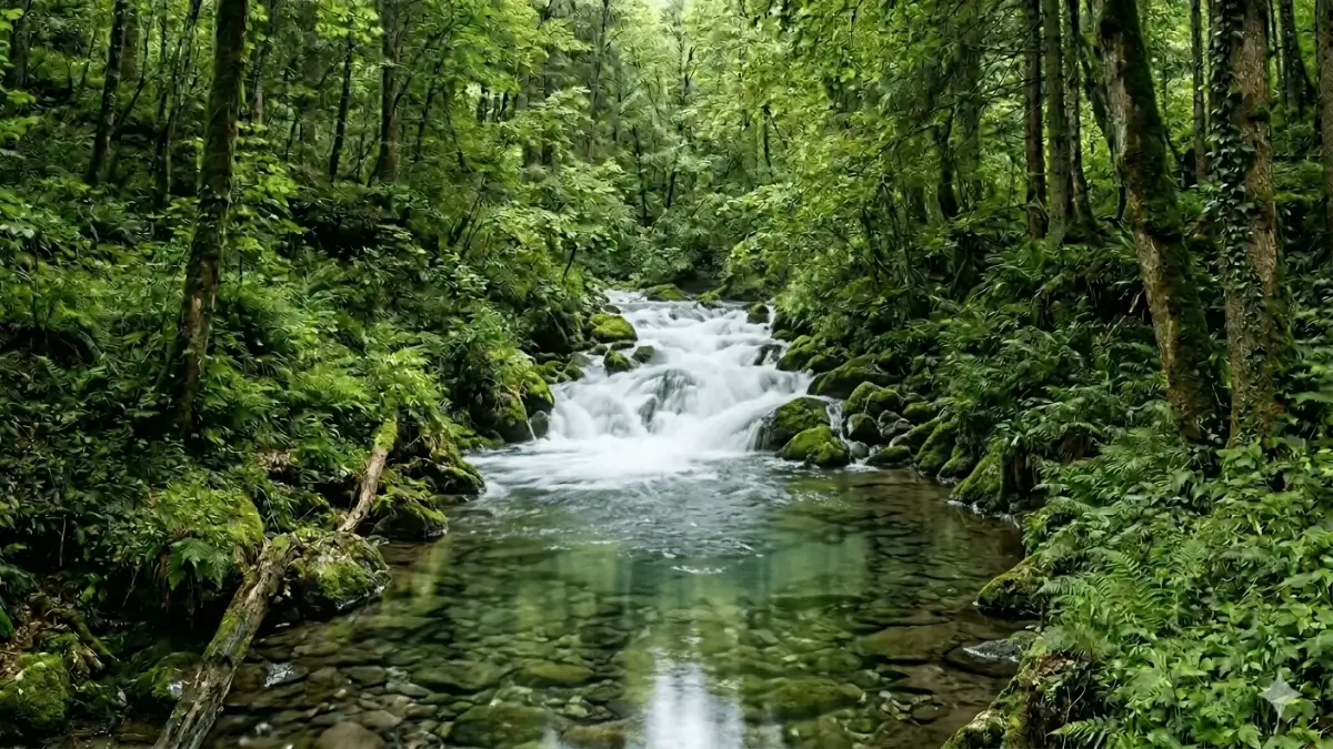 Un torrente scorre con una folta vegetazione ai lati