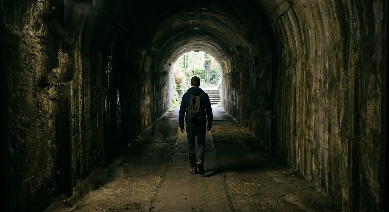 Uomo che sta camminando nel buio del tunnel e si avvia a uscire