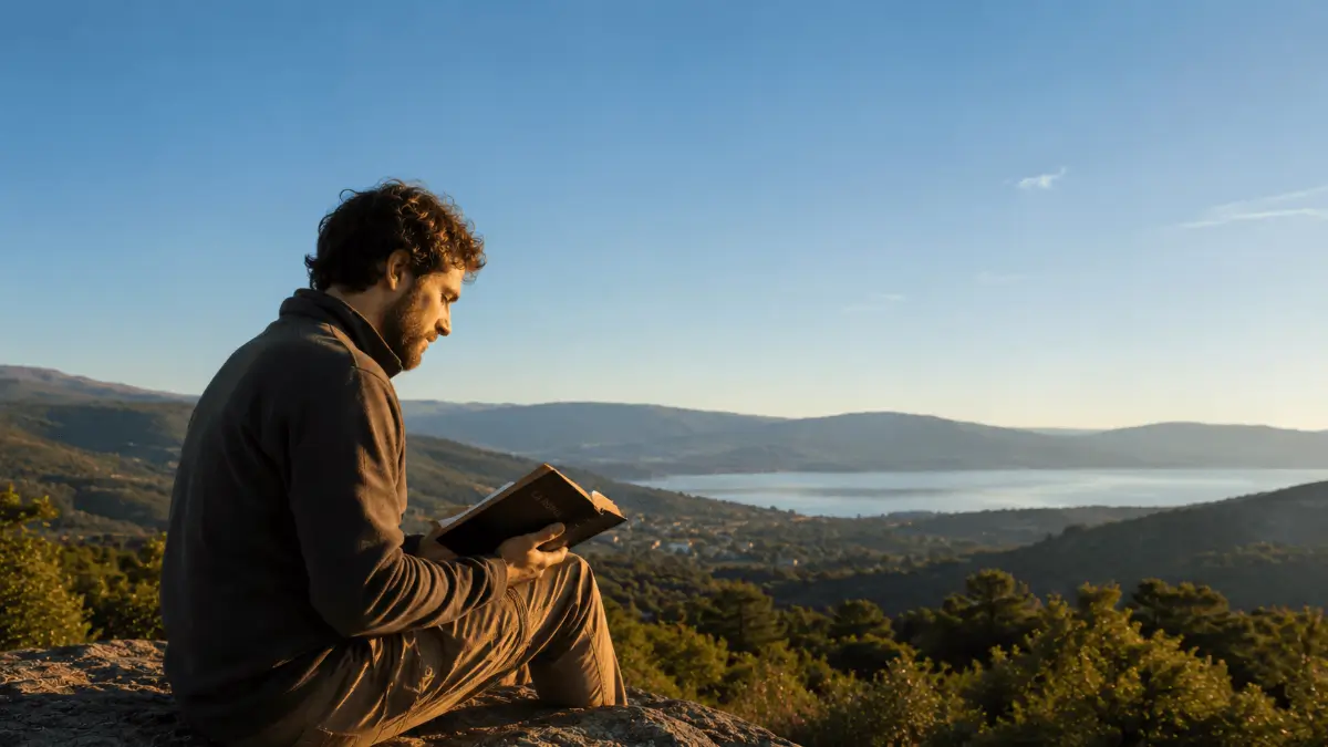 Uomo medita la Bibbia in motagna, tra silenzio e solitudine