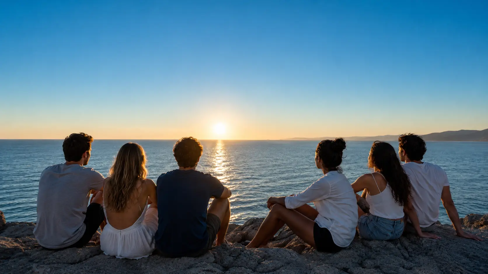 Giovani su uno scoglio in meditazione all'alba alla ricerca del benessere che parte dall'anima