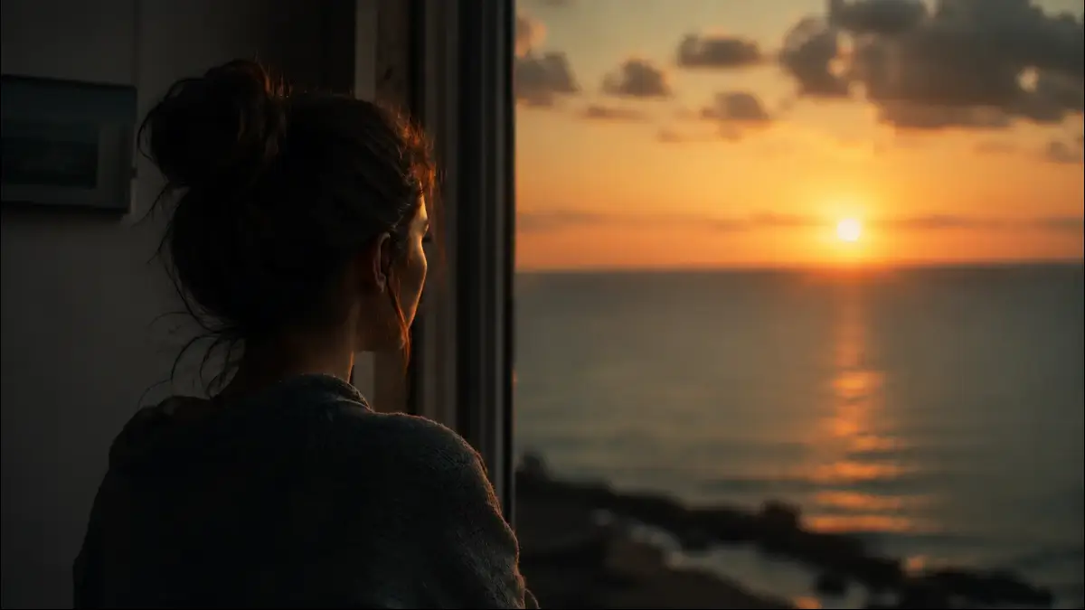 Donna affacciata alla finestra che osserva il tramonto sul mare