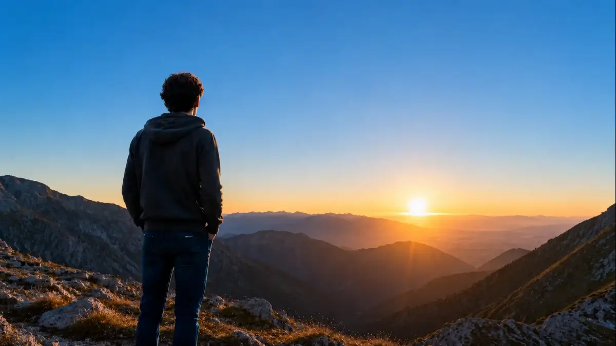 Giovane che, in montagna, si interroga all'alba su come non buttare via la vita