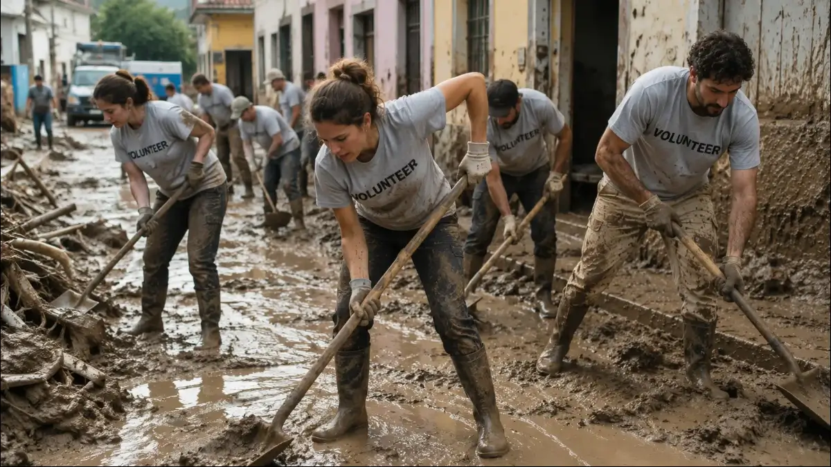 Volontari che lavorano con forza e costanza in una strada alluvionata